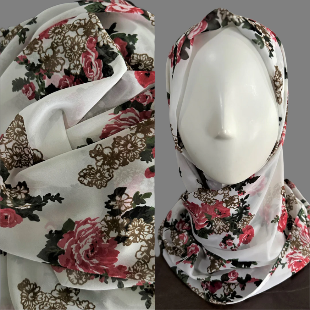 Pearl Chiffon Scarves - White Floral