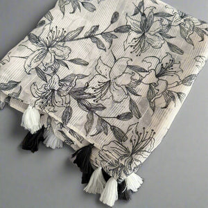 Printed Viscose/Voile Scarves - Beige/Black